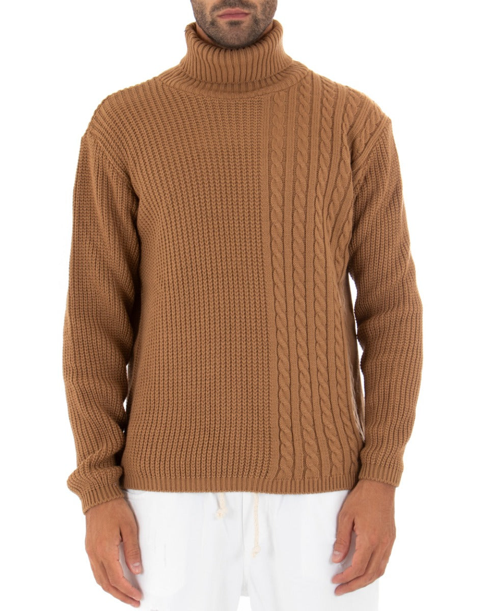 Men's High Neck Cable Sweater Solid Color Camel Long Sleeves Pullover GIOSAL