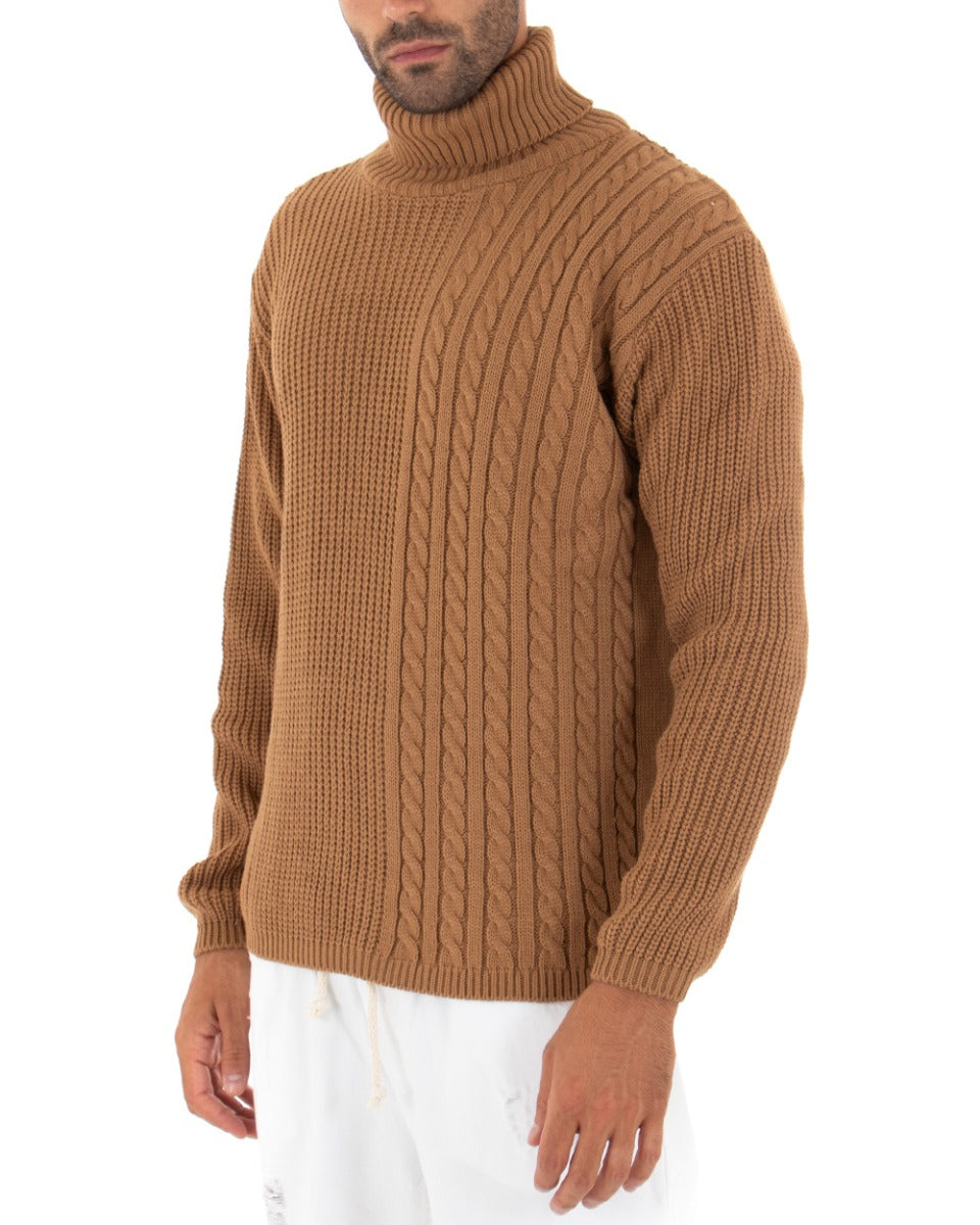 Men's High Neck Cable Sweater Solid Color Camel Long Sleeves Pullover GIOSAL
