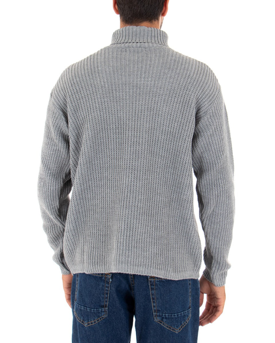 Men's High Neck Cable Sweater Solid Color Gray Long Sleeves Pullover GIOSAL