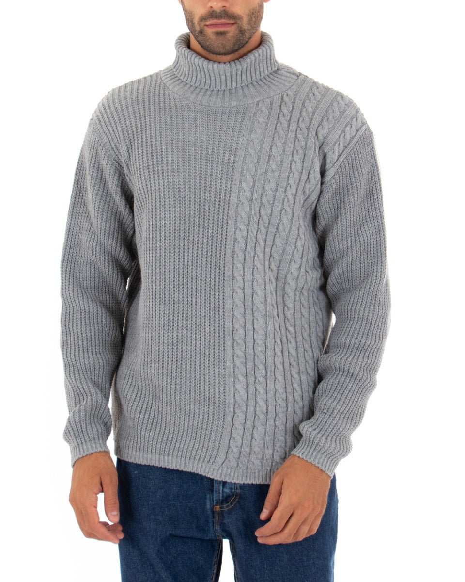 Men's High Neck Cable Sweater Solid Color Gray Long Sleeves Pullover GIOSAL