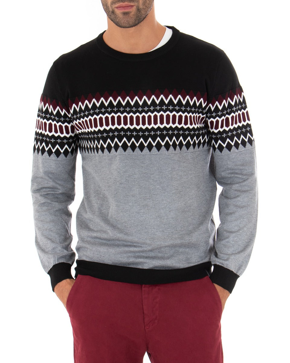 Men's Crew Neck Gray Patterned Long Sleeve Casual Sweater GIOSAL