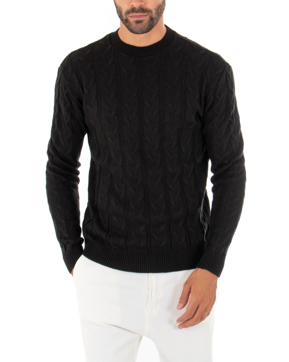 Men's Cable Pullover Sweater Solid Black Crew Neck Paul Barrell GIOSAL