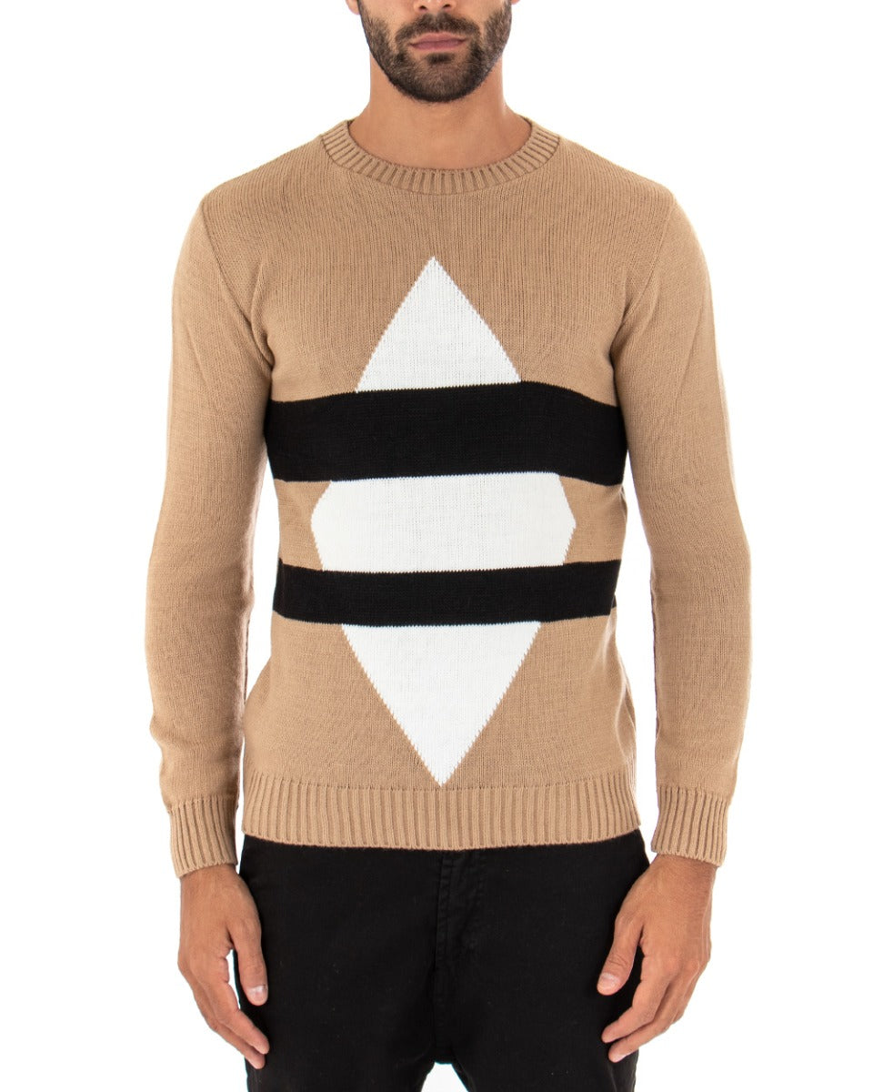 Men's Long Sleeve Beige Rhombus Round Neck Casual Sweater GIOSAL