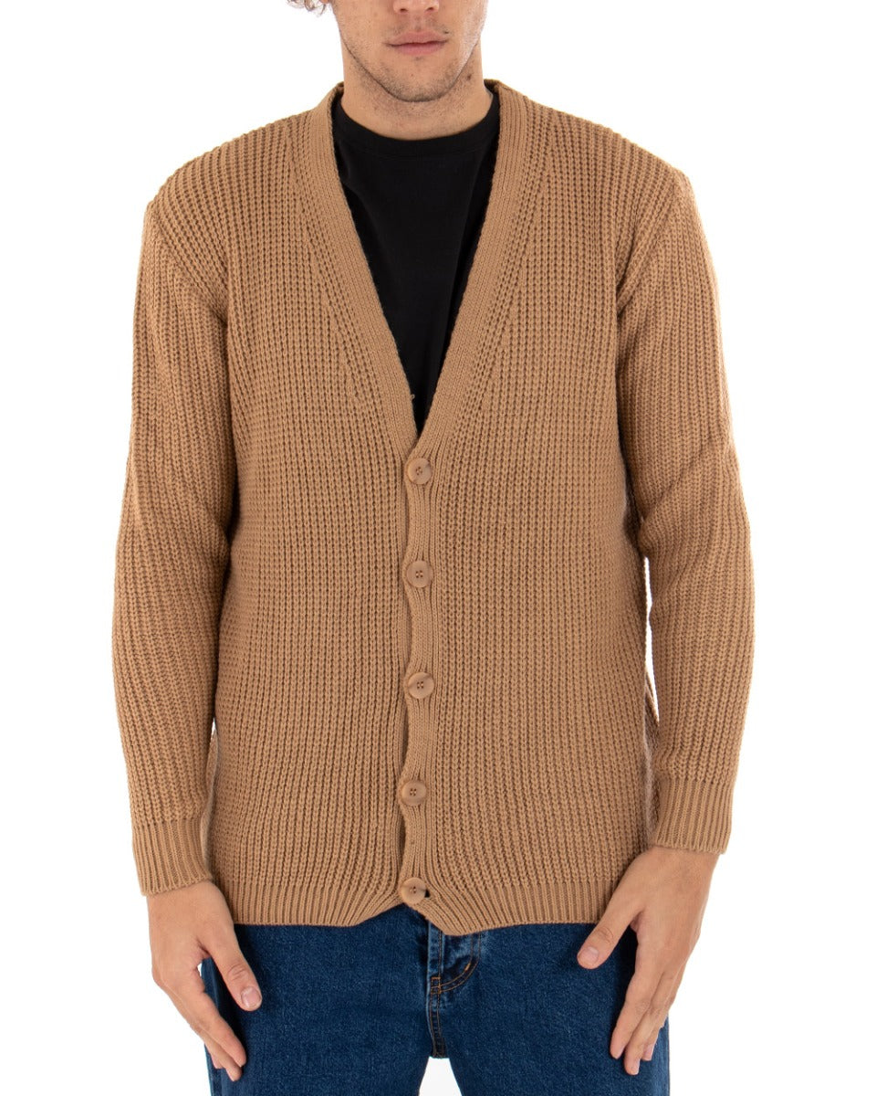 Men's Cardigan Jacket With Buttons V-Neck Sweater English Knit Camel GIOSAL-M2412A