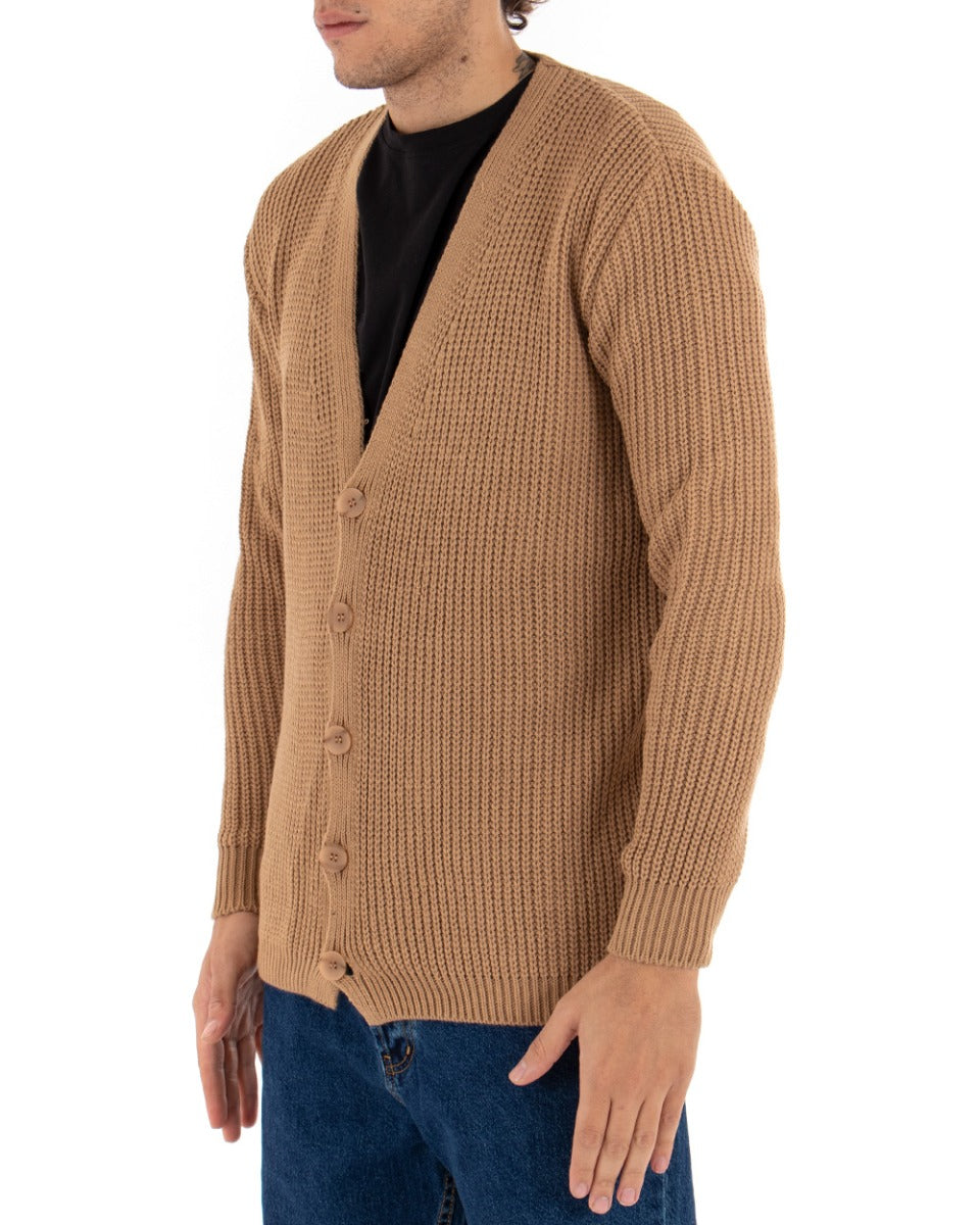 Men's Cardigan Jacket With Buttons V-Neck Sweater English Knit Camel GIOSAL-M2412A