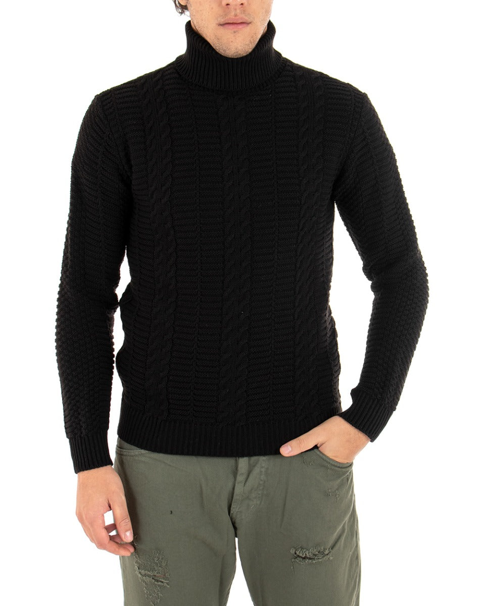 Men's Pullover Sweater Plain Black Paul Barrell High Neck Braids GIOSAL