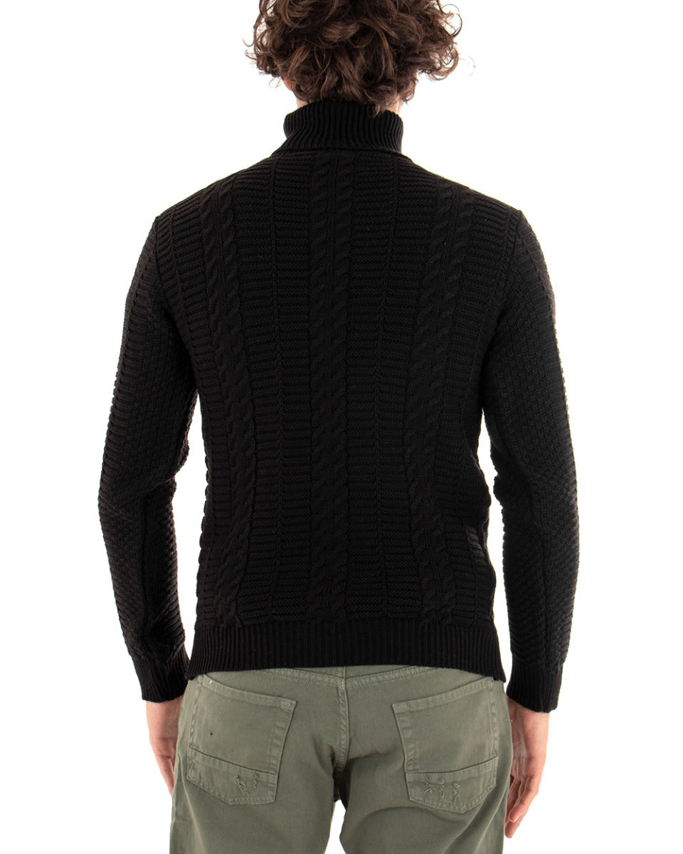 Men's Pullover Sweater Plain Black Paul Barrell High Neck Braids GIOSAL