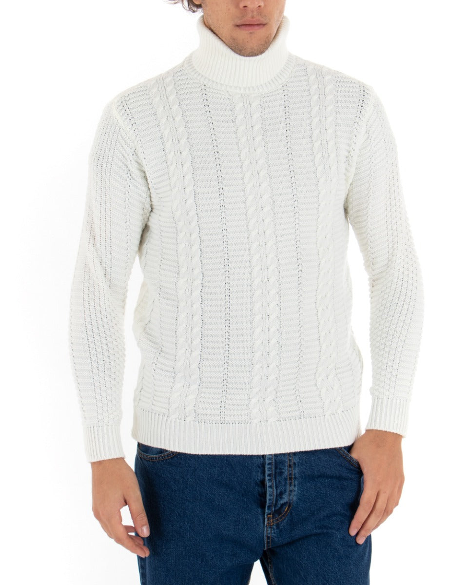 Men's Pullover Sweater Solid White Paul Barrell High Neck Braids GIOSAL