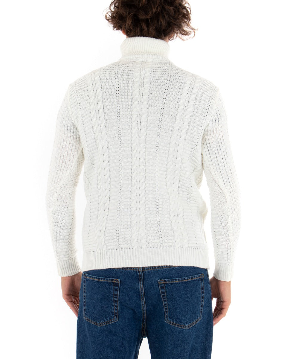 Men's Pullover Sweater Solid White Paul Barrell High Neck Braids GIOSAL