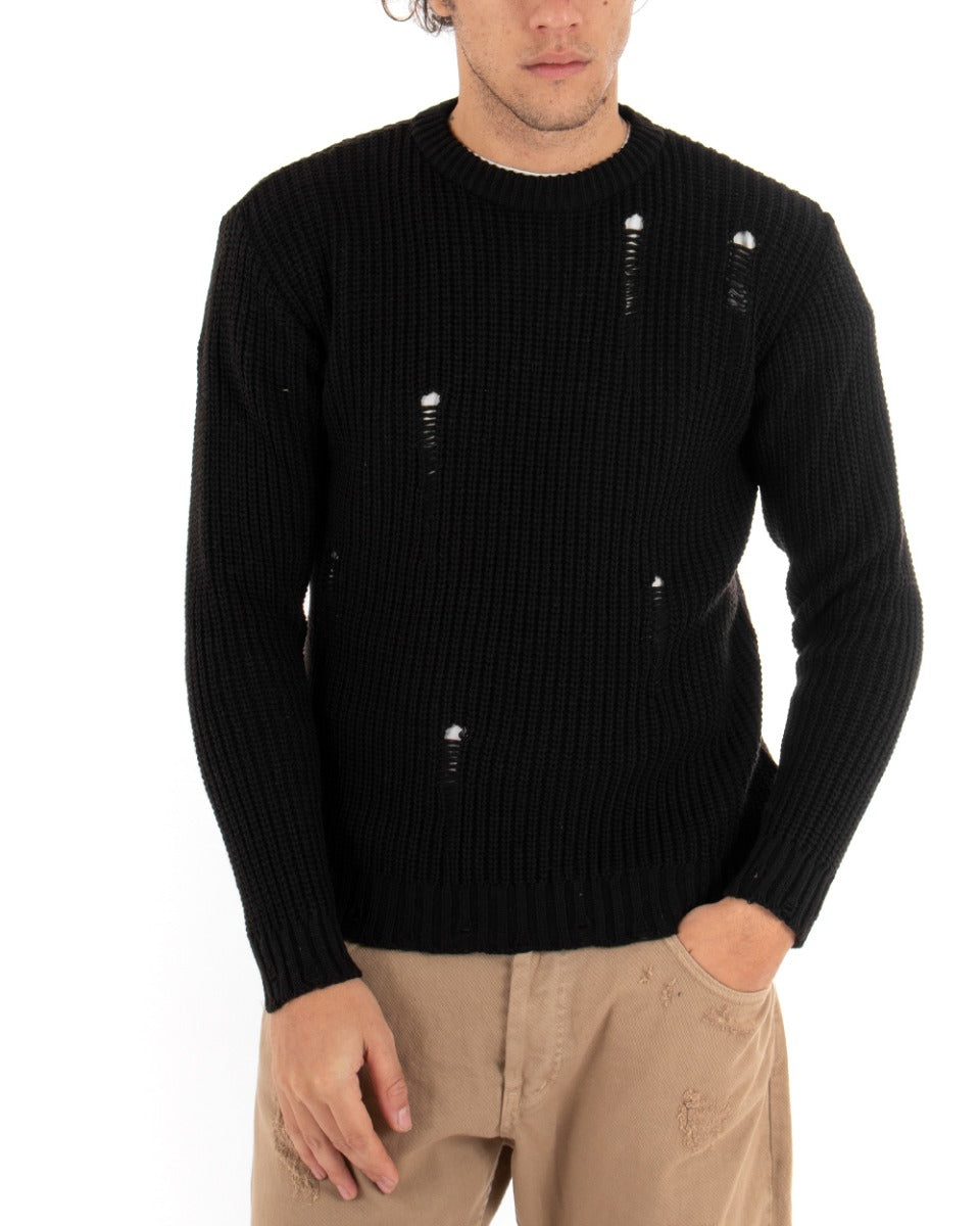 Men's Crew Neck Perforated Sweater Solid Color Black Paul Barrell Casual GIOSAL