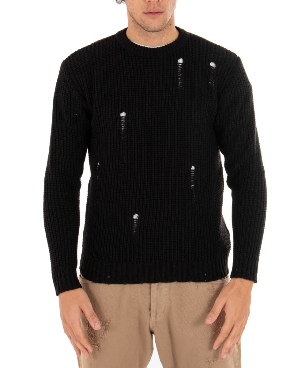 Men's Crew Neck Perforated Sweater Solid Color Black Paul Barrell Casual GIOSAL