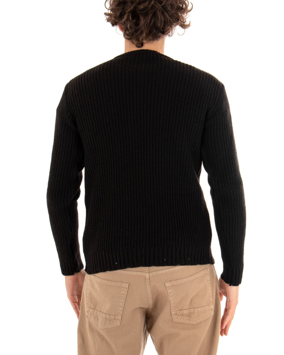 Men's Crew Neck Perforated Sweater Solid Color Black Paul Barrell Casual GIOSAL