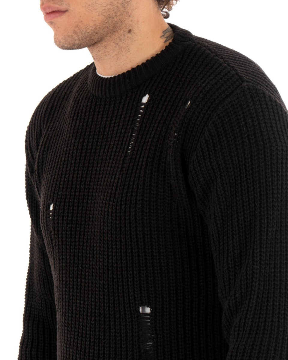 Men's Crew Neck Perforated Sweater Solid Color Black Paul Barrell Casual GIOSAL