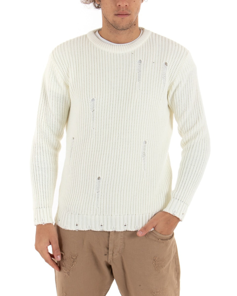 Men's Crew Neck Perforated Sweater Solid White Paul Barrell Casual GIOSAL