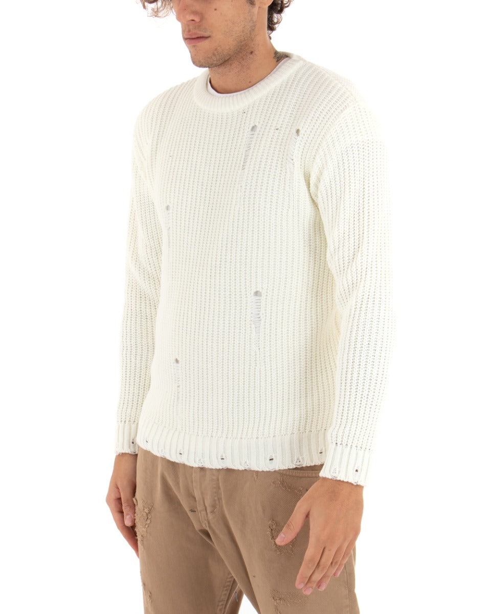 Men's Crew Neck Perforated Sweater Solid White Paul Barrell Casual GIOSAL