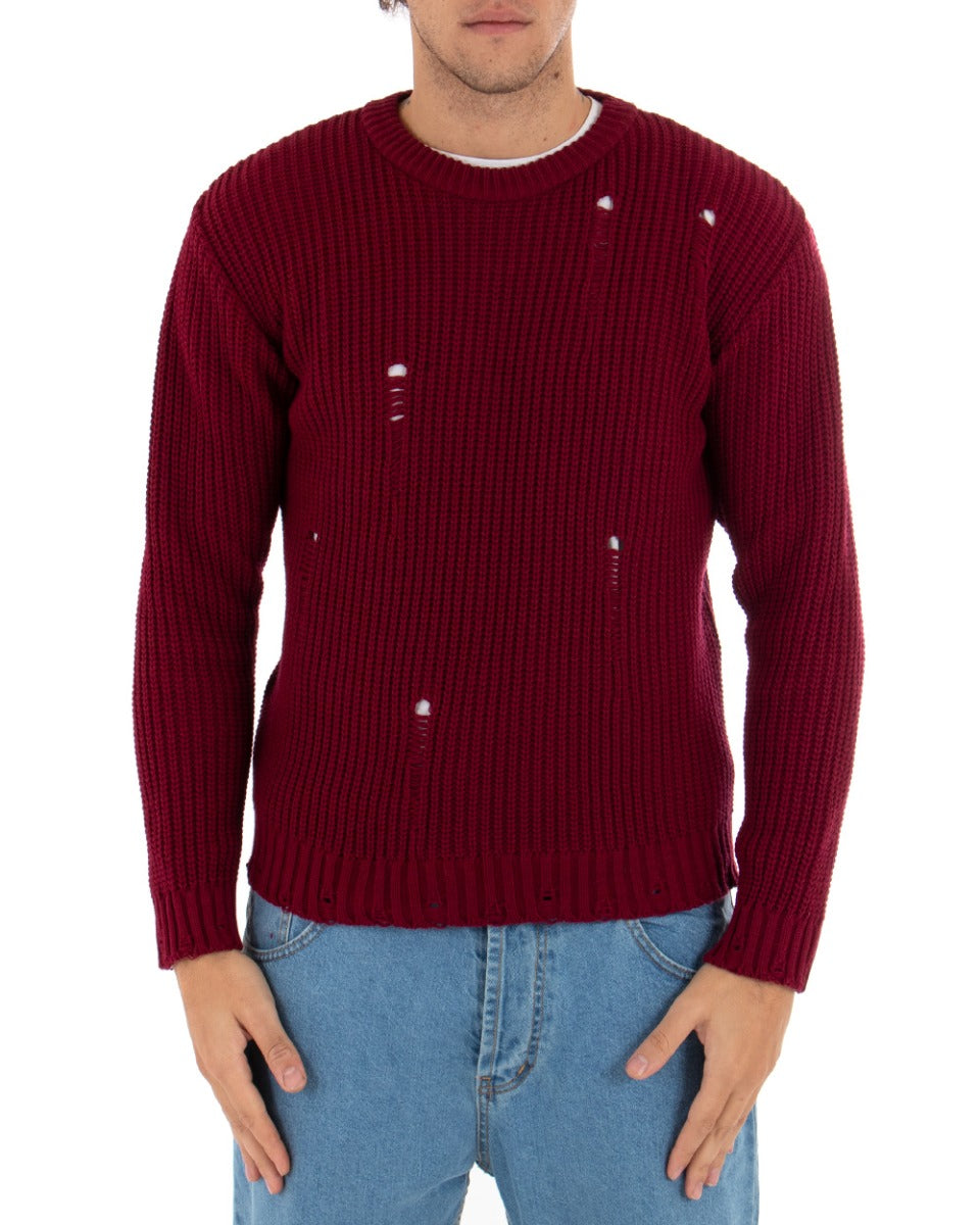 Men's Crew Neck Perforated Sweater Solid Color Burgundy Paul Barrell Casual GIOSAL