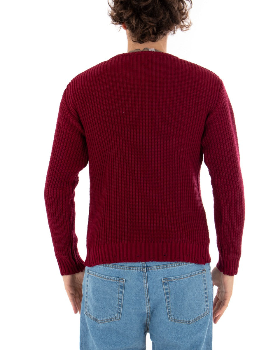 Men's Crew Neck Perforated Sweater Solid Color Burgundy Paul Barrell Casual GIOSAL