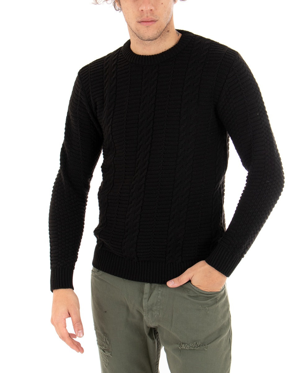 Paul Barrell Men's Woven Pullover Solid Color Black Casual Crewneck Sweater GIOSAL