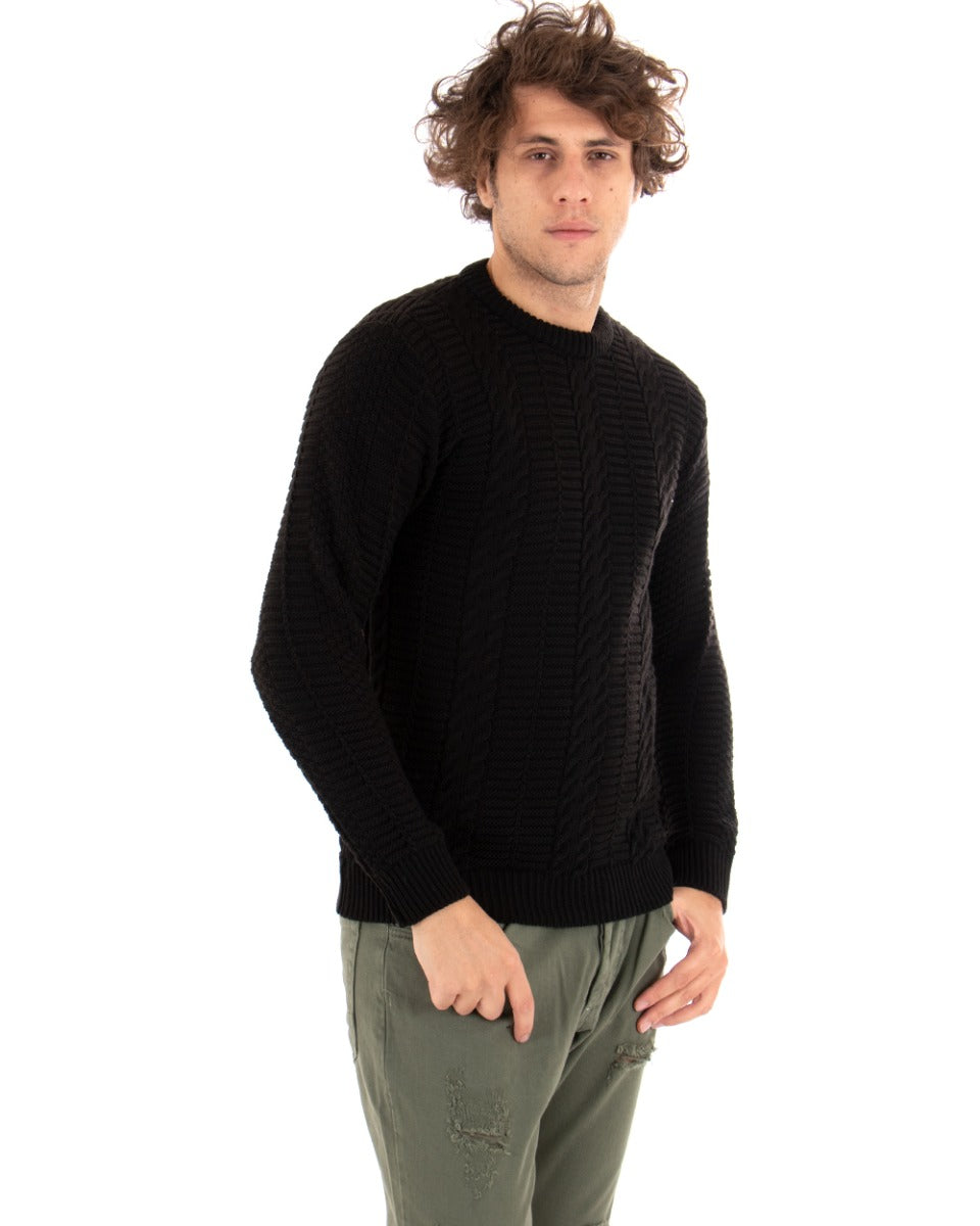Paul Barrell Men's Woven Pullover Solid Color Black Casual Crewneck Sweater GIOSAL