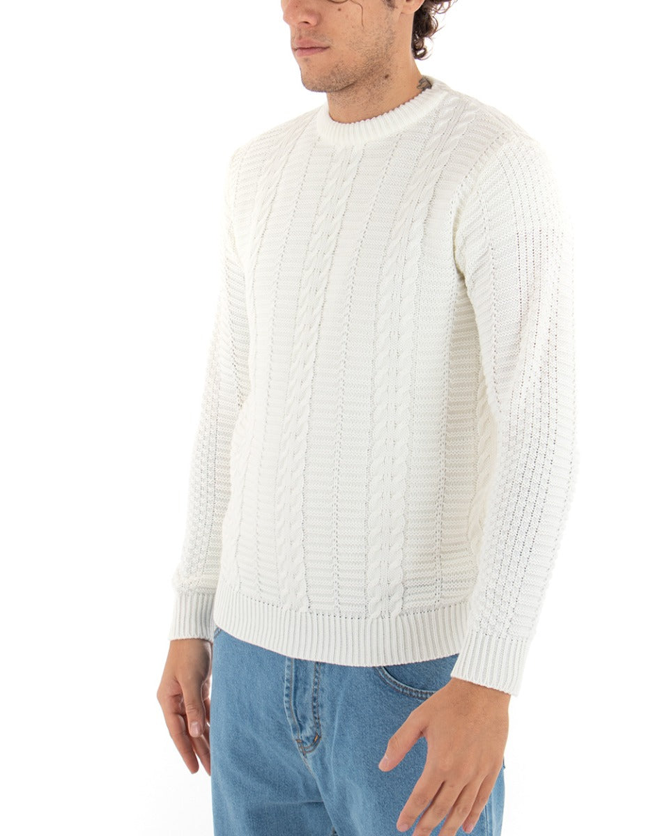 Men's Woven Pullover Sweater Plain White Casual Round Neck Paul Barrell GIOSAL