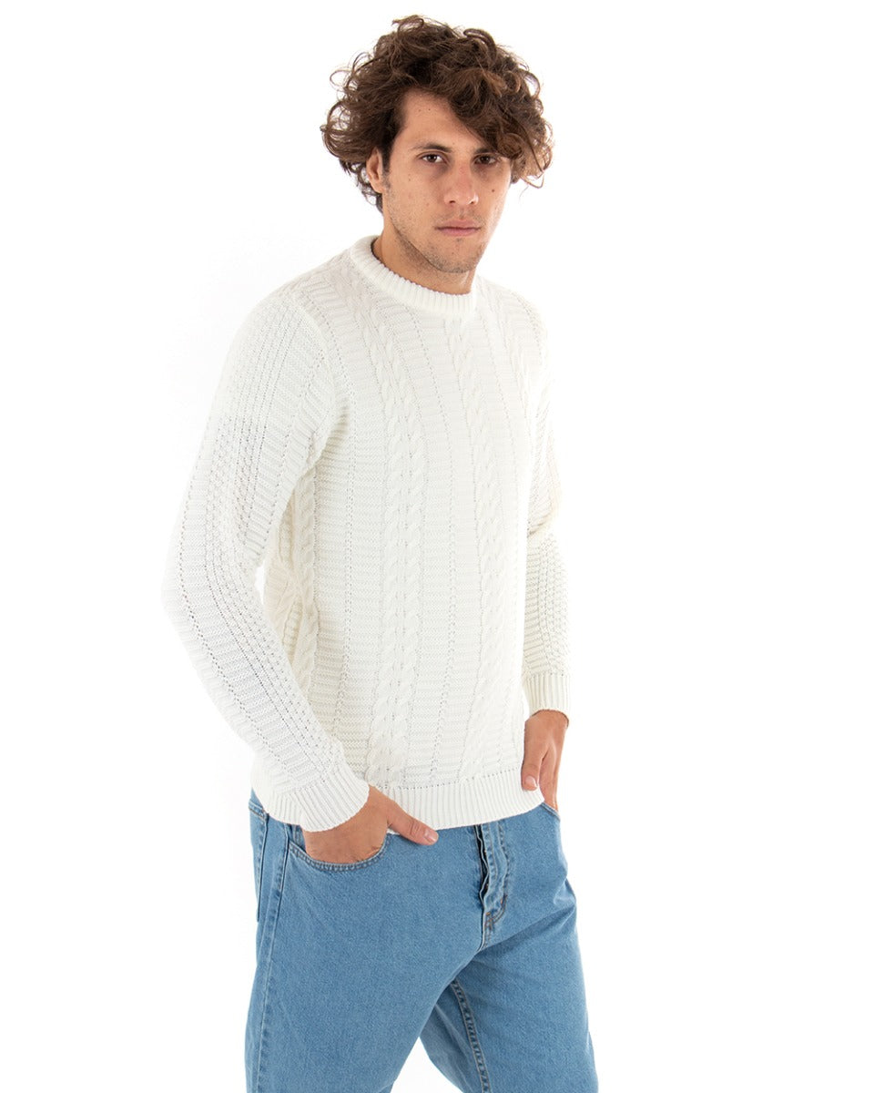 Men's Woven Pullover Sweater Plain White Casual Round Neck Paul Barrell GIOSAL