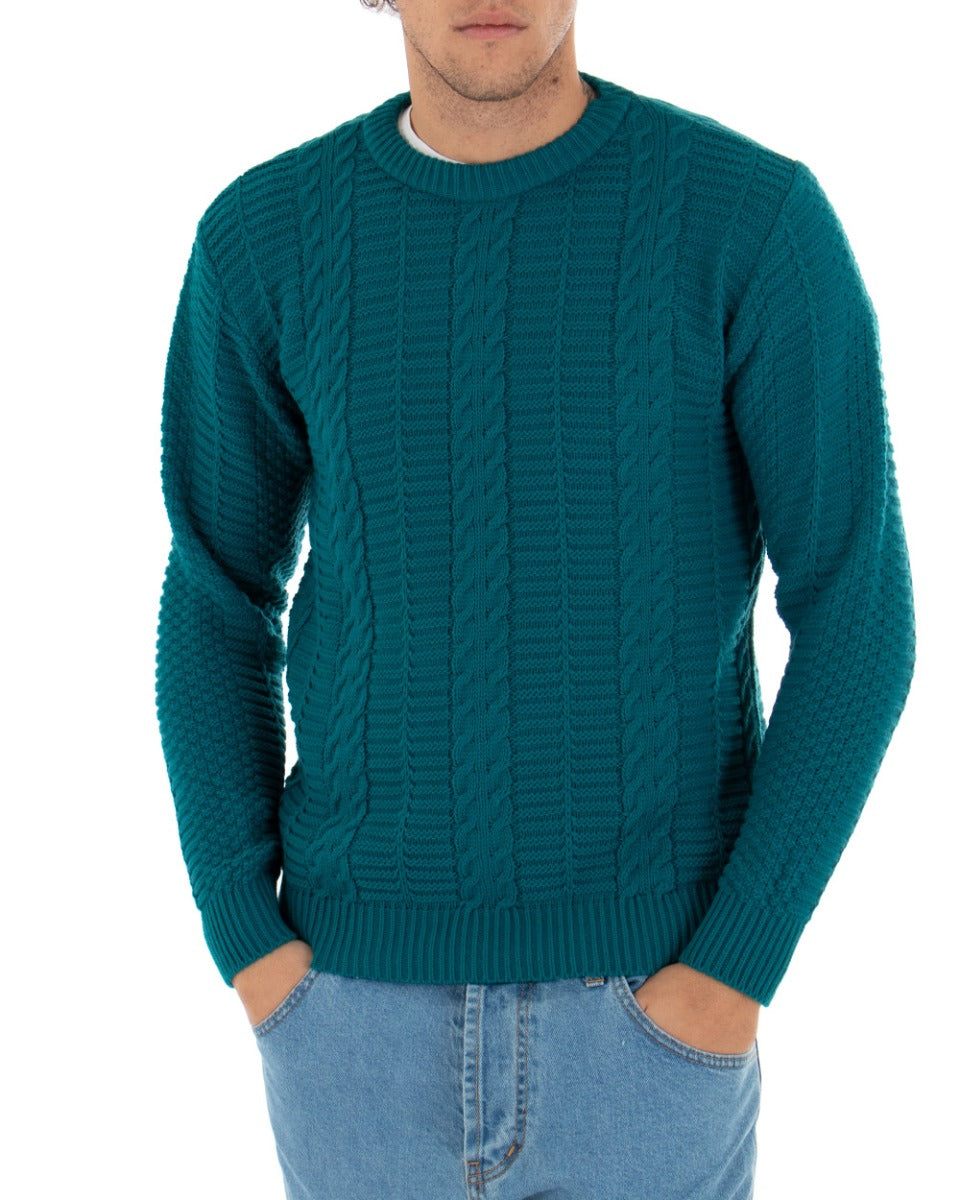 Paul Barrell Men's Woven Pullover Solid Color Petrol Casual Crewneck Sweater GIOSAL