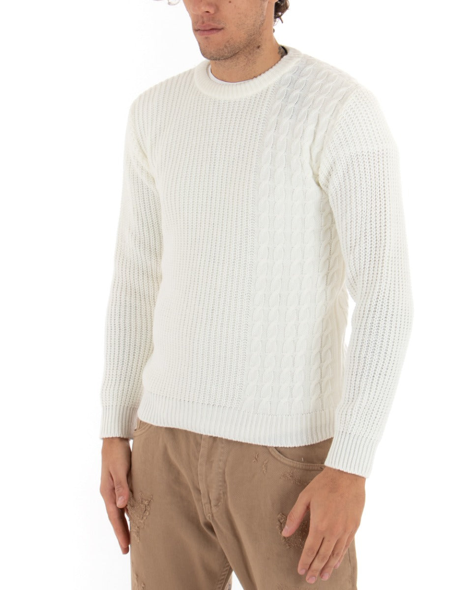 Men's Sweater Long Sleeve Crewneck Solid Color Braids White Paul Barrell GIOSAL