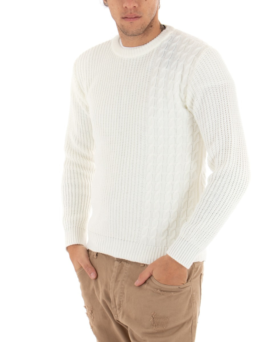 Men's Sweater Long Sleeve Crewneck Solid Color Braids White Paul Barrell GIOSAL