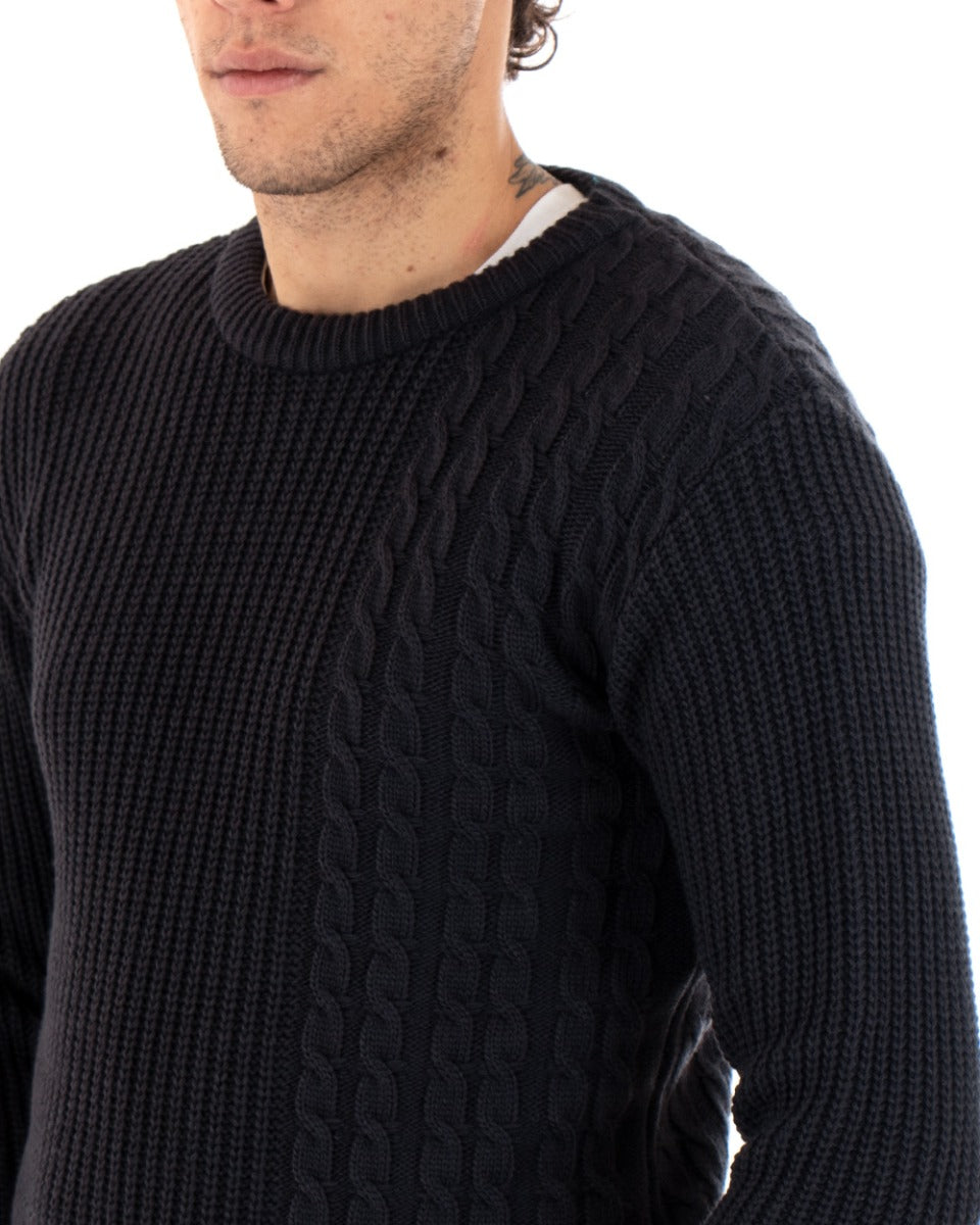 Men's Sweater Long Sleeve Crew Neck Braids Solid Blue Paul Barrell GIOSAL