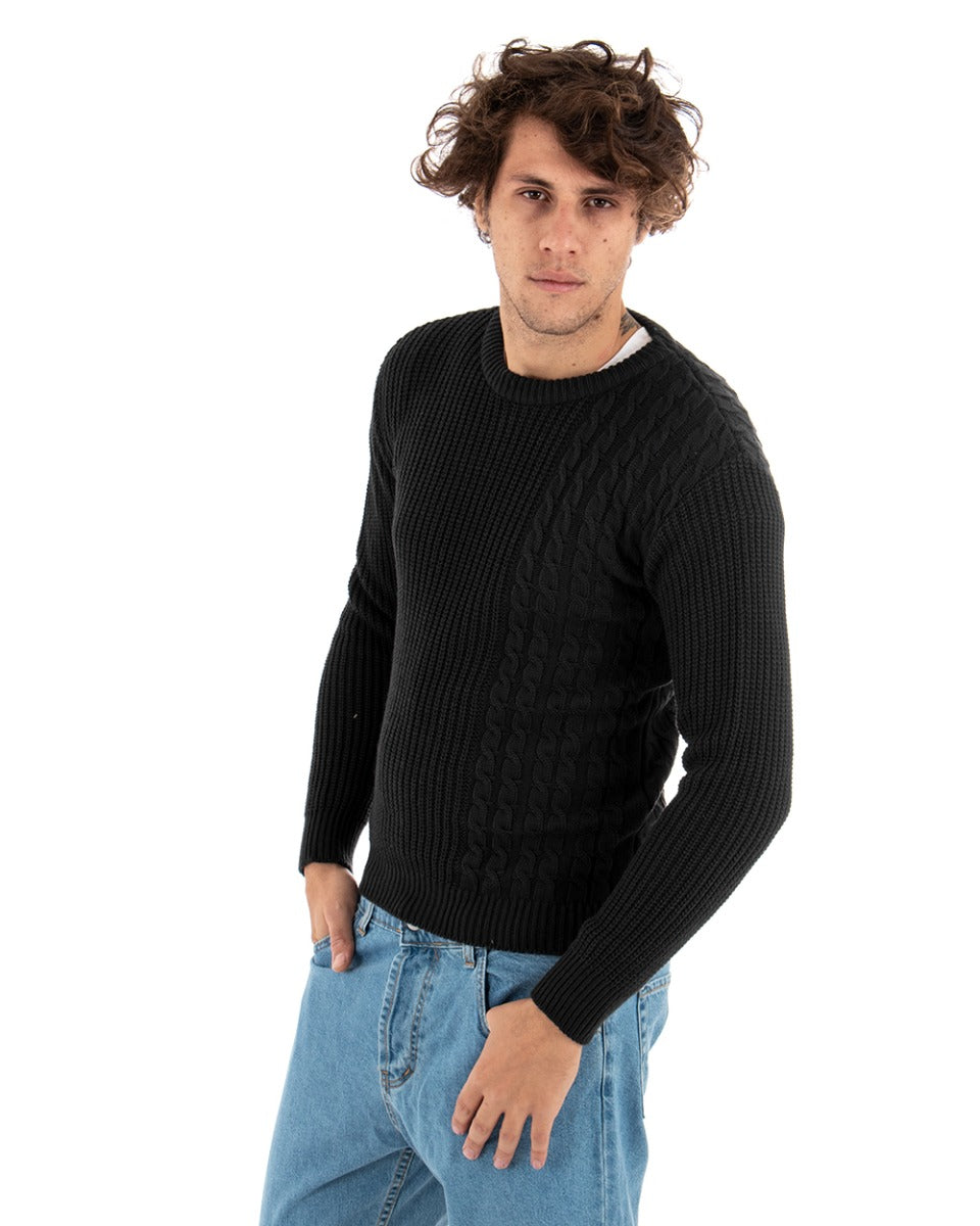 Men's Sweater Long Sleeve Crew Neck Solid Color Braids Black Paul Barrell GIOSAL