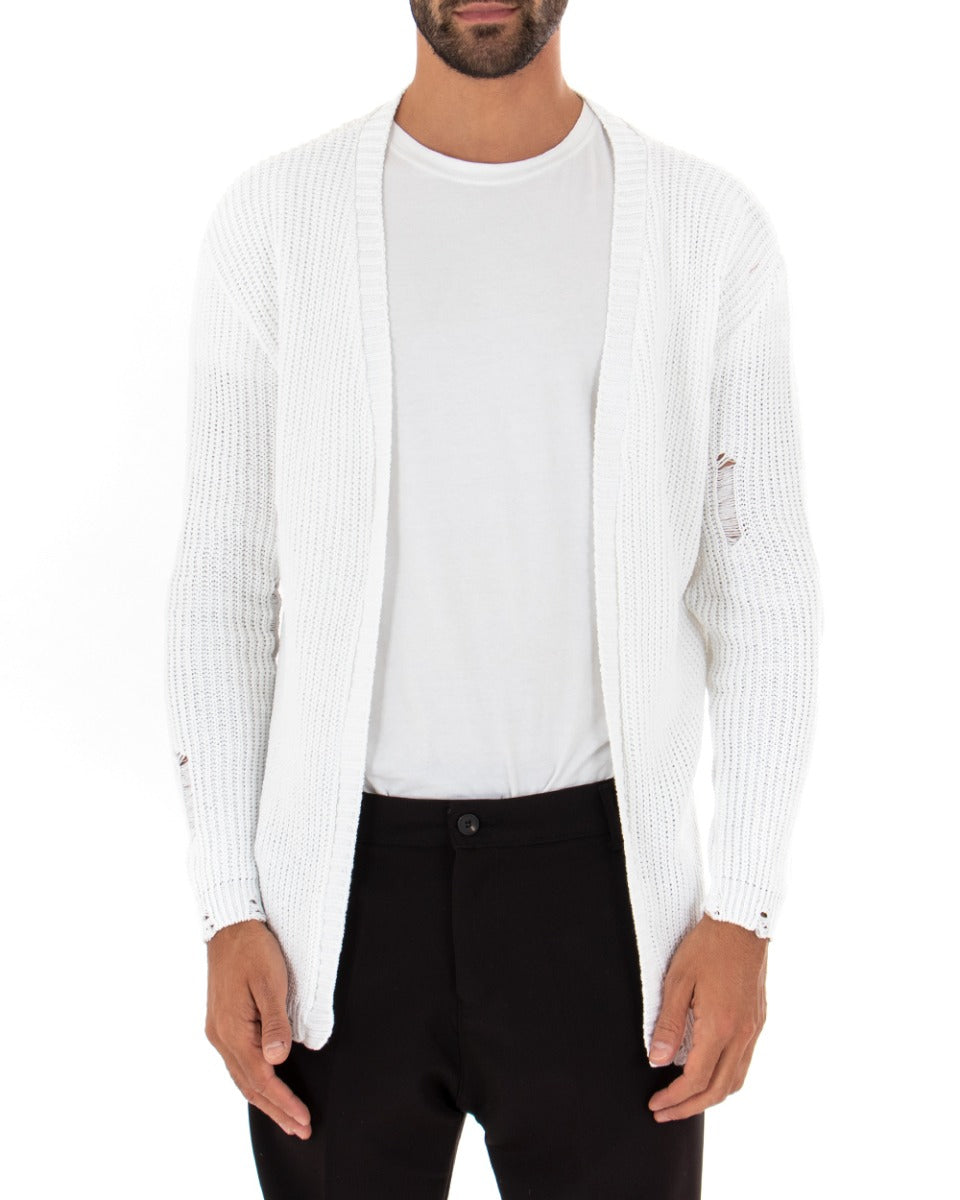 Men's Cardigan Kimono Knit Sweater With Breaks White GIOSAL-M2428A