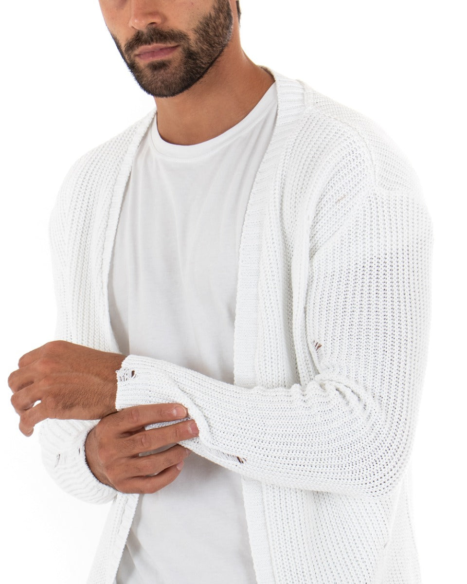 Men's Cardigan Kimono Knit Sweater With Breaks White GIOSAL-M2428A