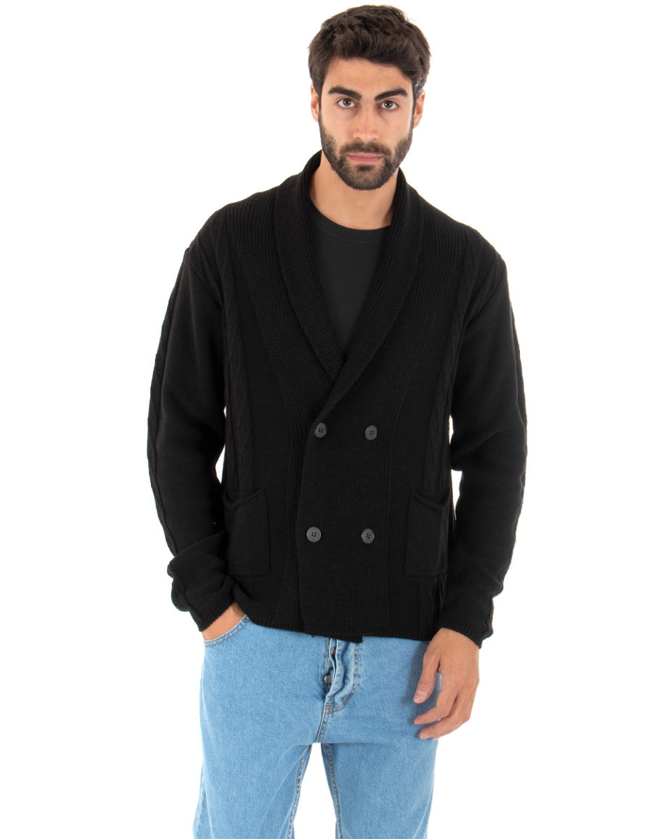 Men's V-Neck Cardigan Double-breasted Sweater Knitted Jacket With Buttons Black GIOSAL-M2430A