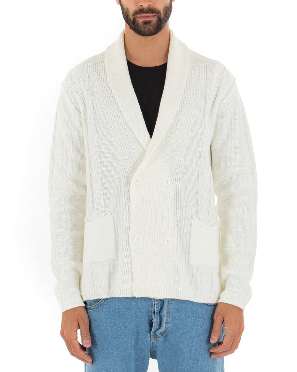 Men's V-Neck Cardigan Double-breasted Sweater Knitted Jacket With Buttons Cream GIOSAL-M2431A