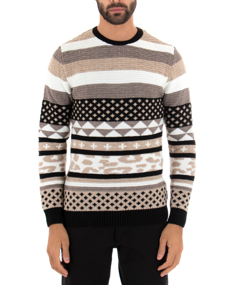 Paul Barrell Men's Sweater Multicolor Beige Pattern Crewneck Casual Pullover GIOSAL