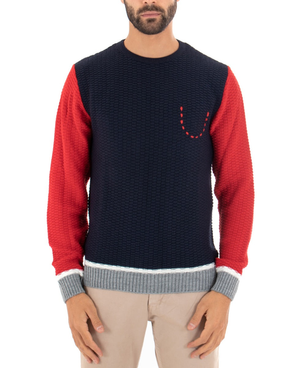 Paul Barrell Men's Sweater Two-Tone Pocket Blue Red Long Sleeves GIOSAL