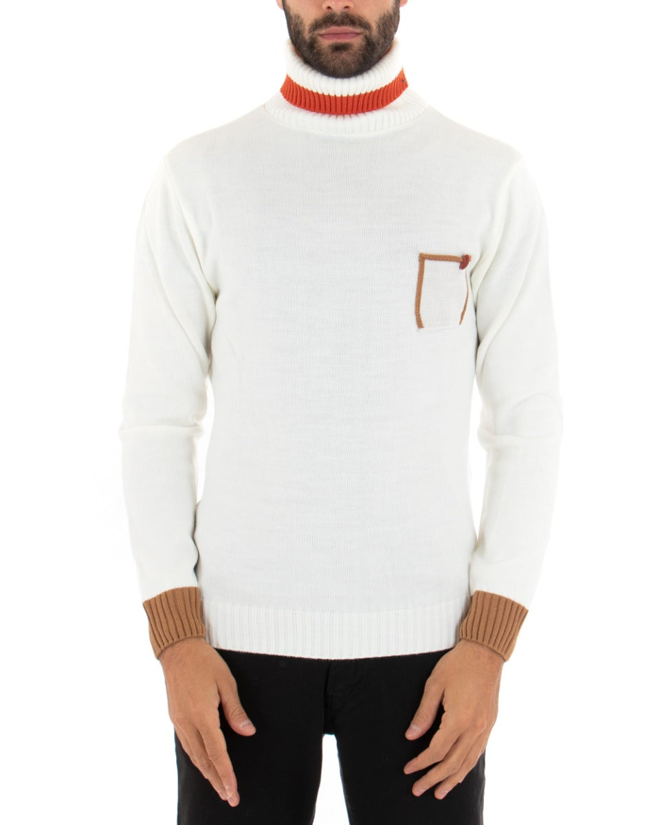 Paul Barrell Men's Turtleneck Sweater Solid White Stripe Pocket GIOSAL