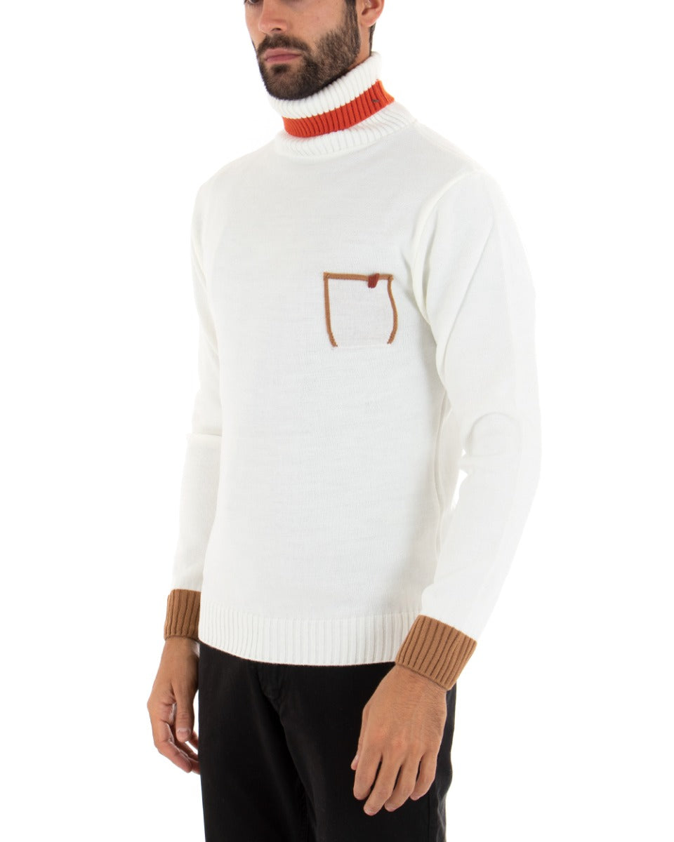 Paul Barrell Men's Turtleneck Sweater Solid White Stripe Pocket GIOSAL