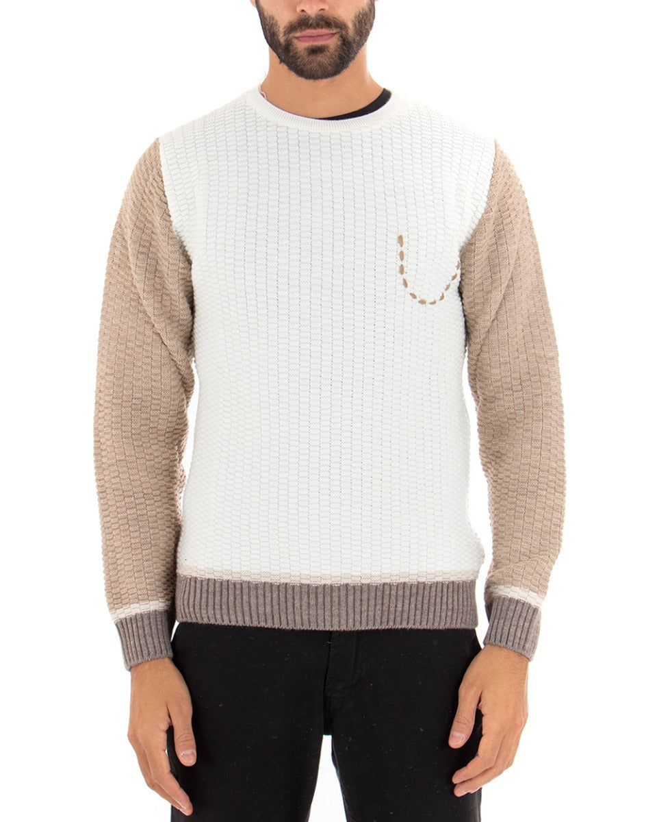 Paul Barrell Men's Sweater Two-Tone Pocket Beige White Long Sleeves GIOSAL