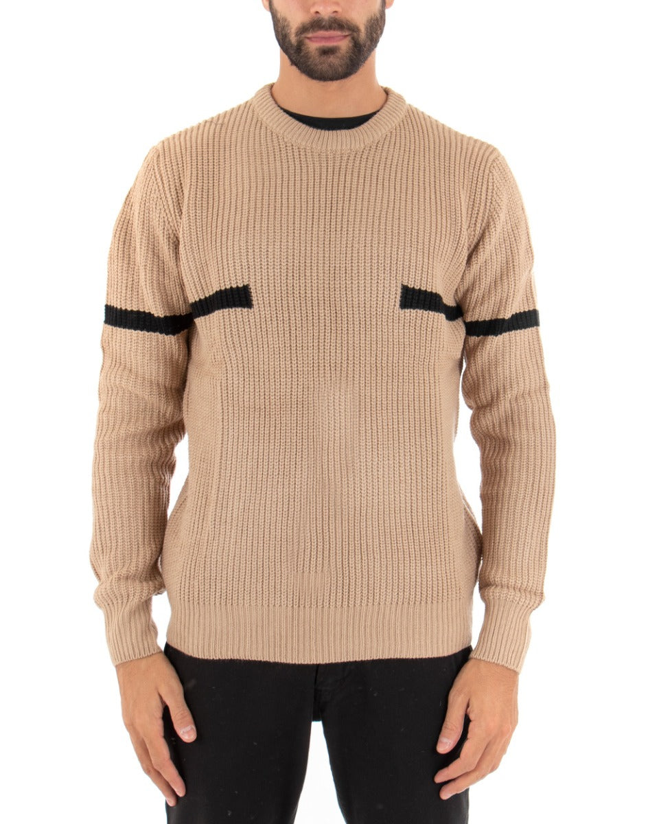 Men's Sweater Long Sleeves Round Neck Solid Color Beige Stripe GIOSAL-M2460A