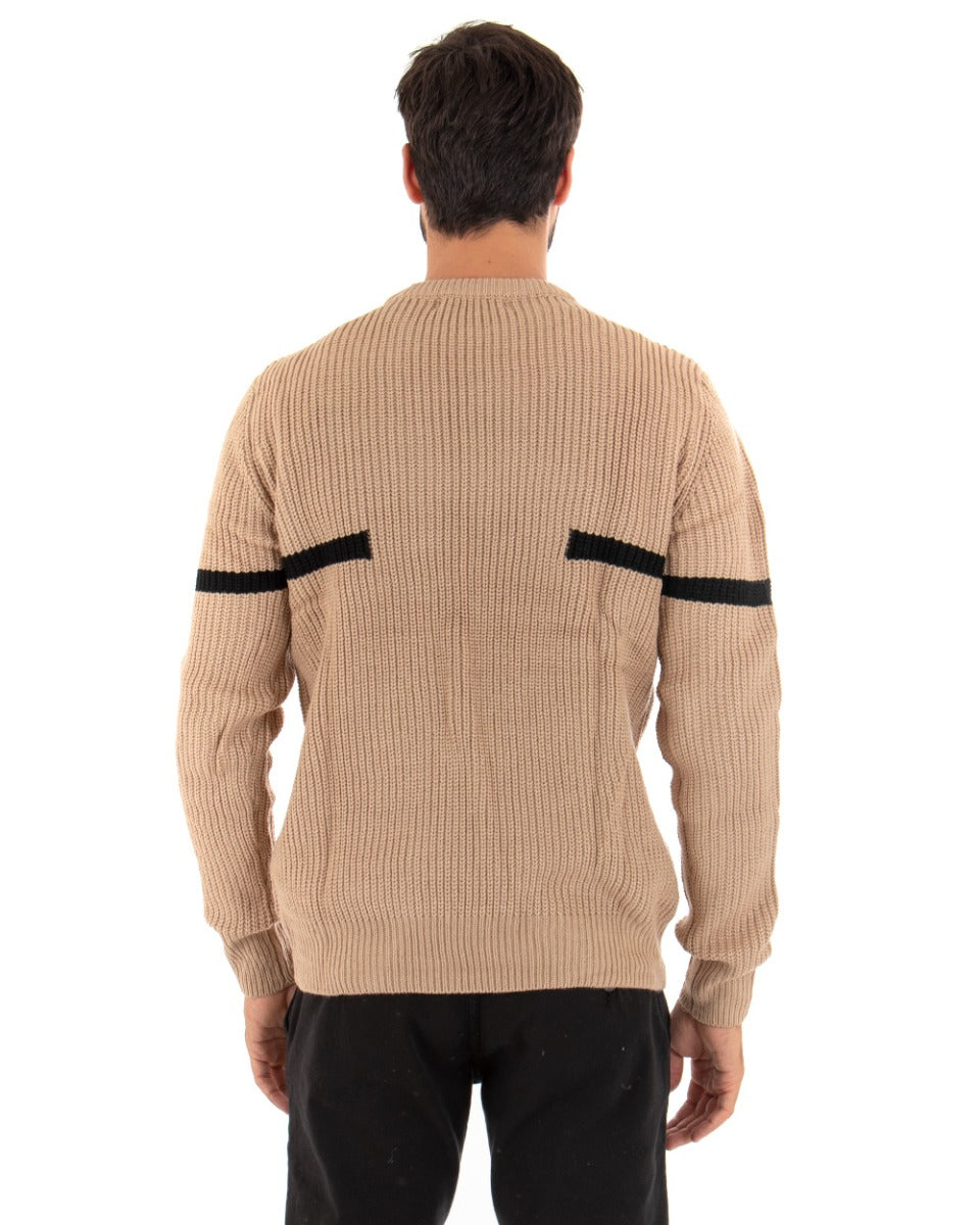 Men's Sweater Long Sleeves Round Neck Solid Color Beige Stripe GIOSAL-M2460A
