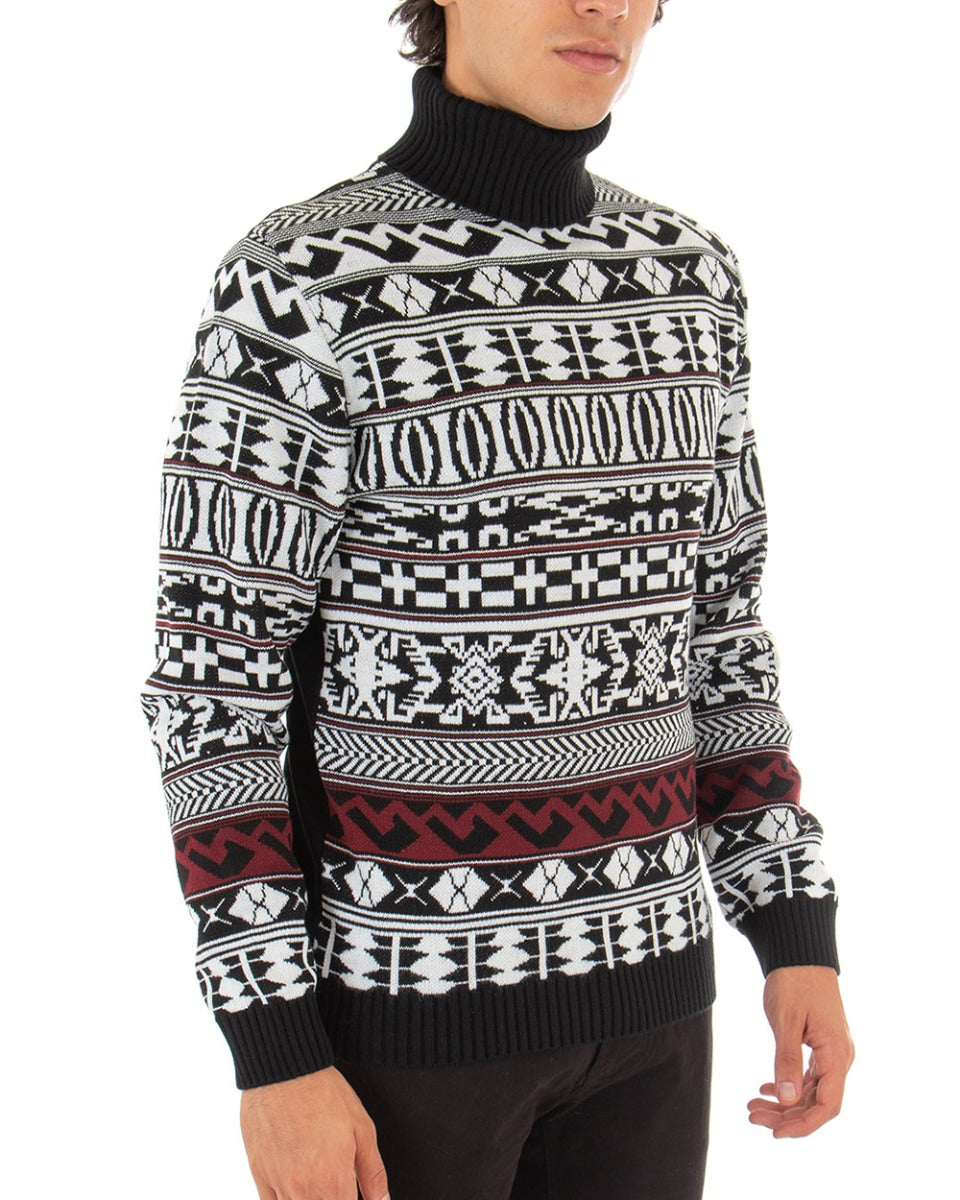 Paul Barrell Men's Turtleneck Sweater Black Pattern Casual Pullover GIOSAL