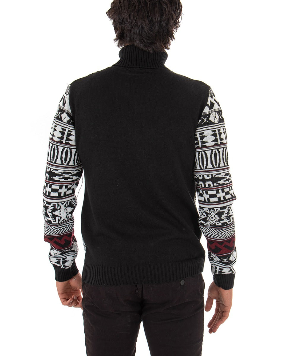 Paul Barrell Men's Turtleneck Sweater Black Pattern Casual Pullover GIOSAL