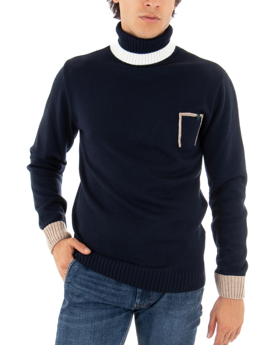 Paul Barrell Men's Turtleneck Sweater Solid Color Blue Stripe Pocket GIOSAL