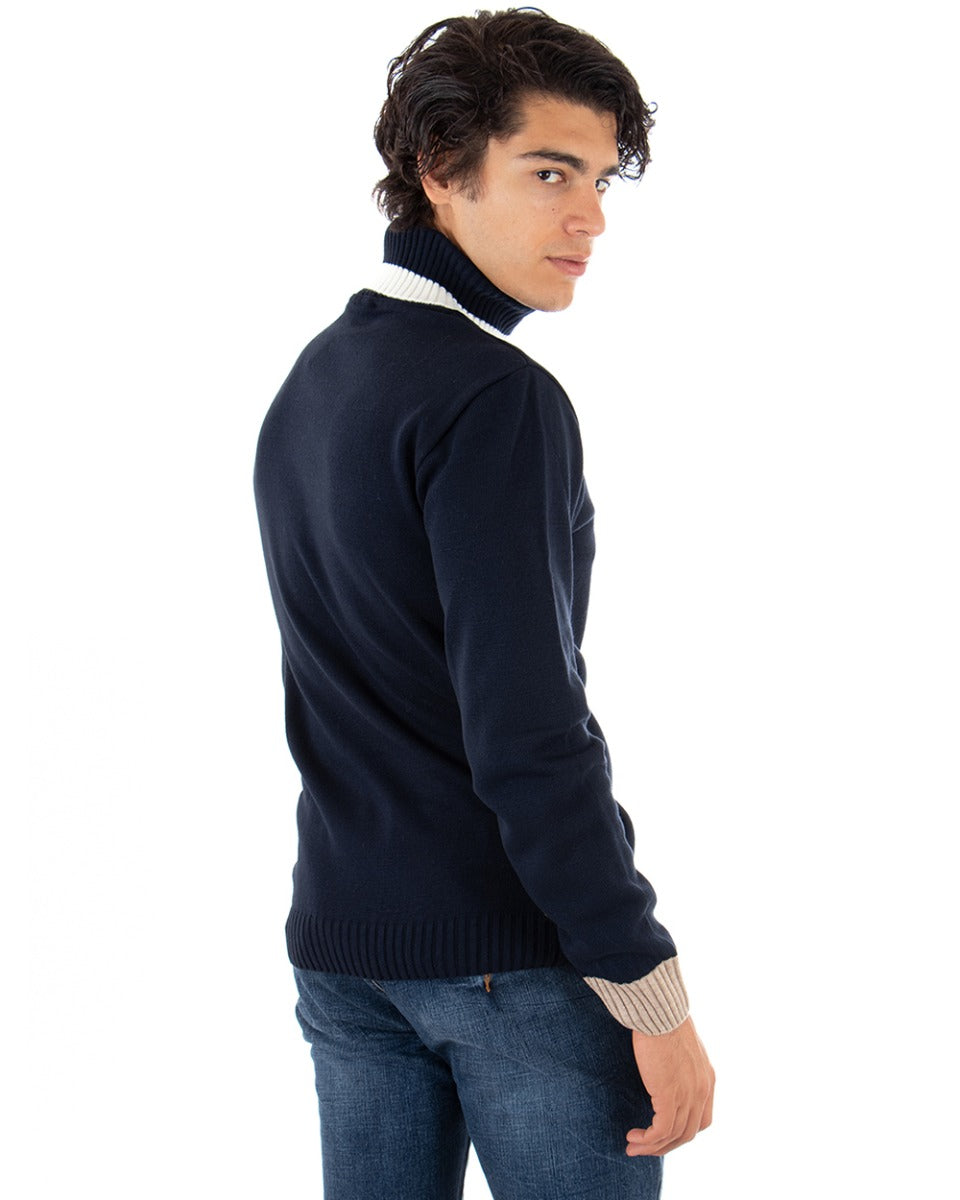 Paul Barrell Men's Turtleneck Sweater Solid Color Blue Stripe Pocket GIOSAL
