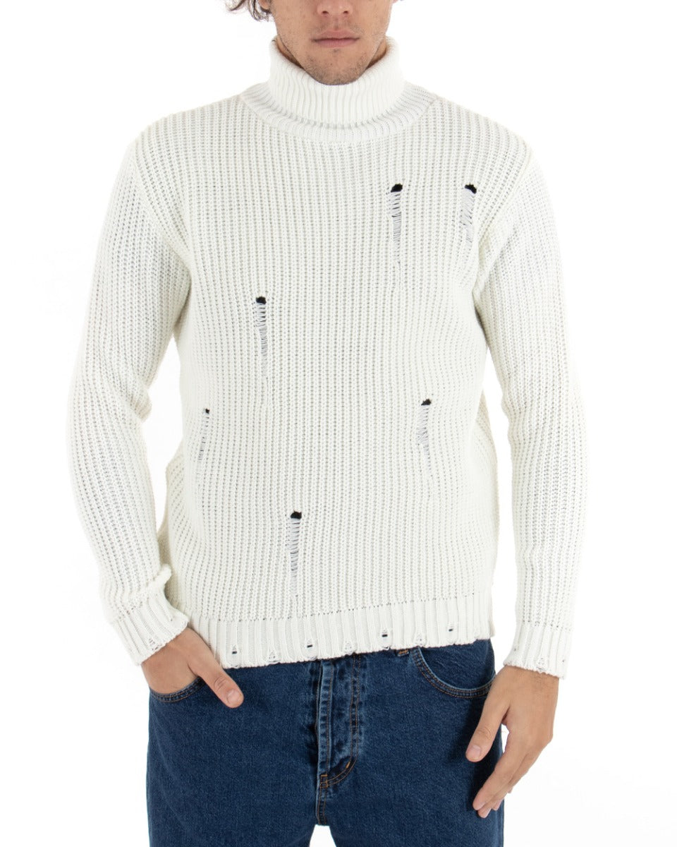 Men's High Neck Perforated Sweater Solid White Paul Barrell Casual GIOSAL