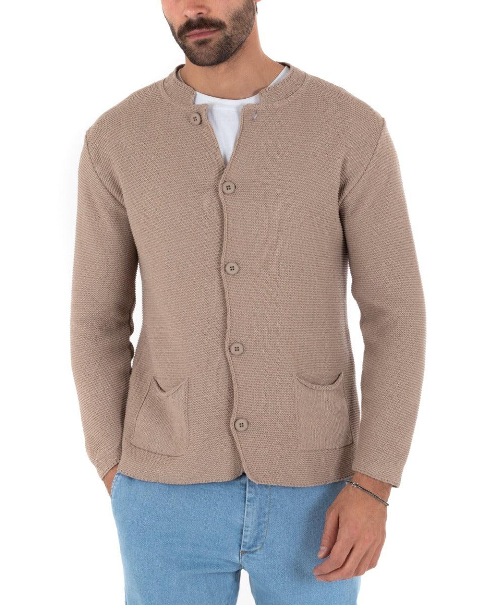 Men's Korean Collar Cardigan Single-breasted Sweater Knitted Jacket With Beige Buttons GIOSAL-M2479A