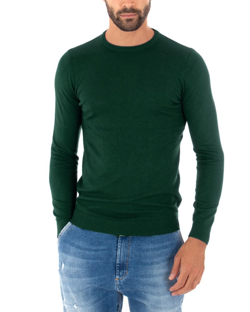 Men's Casual Round Neck Sweater Solid Color Long Sleeve Bottle Green GIOSAL M2497A