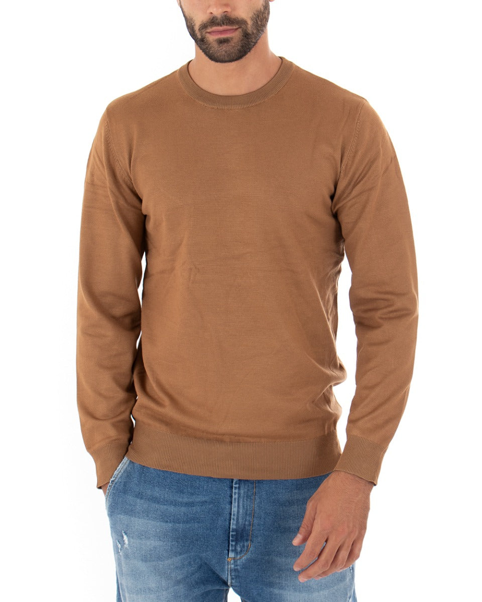 Men's Casual Crew Neck Solid Color Long Sleeve Sweater Camel GIOSAL M2499A