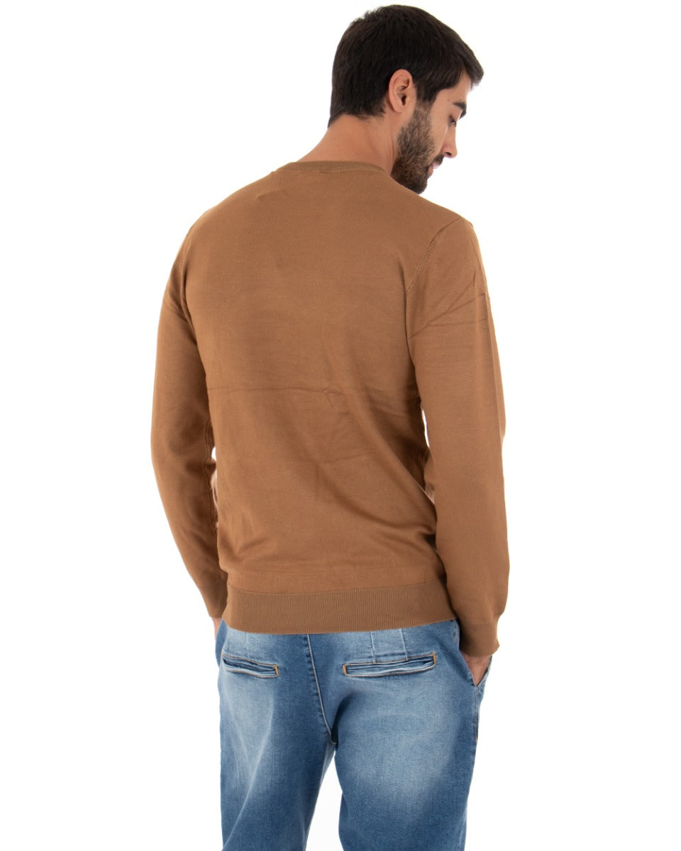 Men's Casual Crew Neck Solid Color Long Sleeve Sweater Camel GIOSAL M2499A